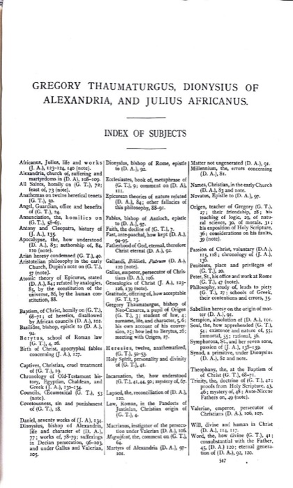 Gregory Thaumaturgus; Dionysius the Great; Julius Africanus; Anatolius and Minor Writers; Methodius; Arnobius — index page 2