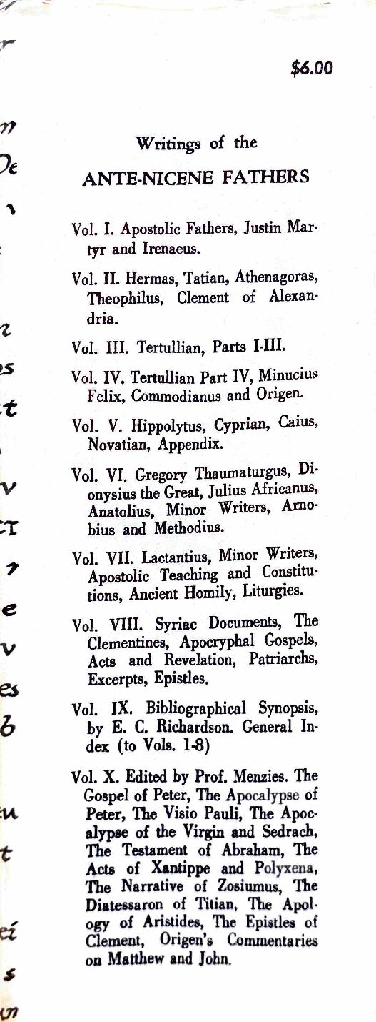 Fathers of the Second Century — Hermas; Tatian; Athenagoras; Theophilus; Clement of Alexandria, Vol. 1 — Jacket (back)