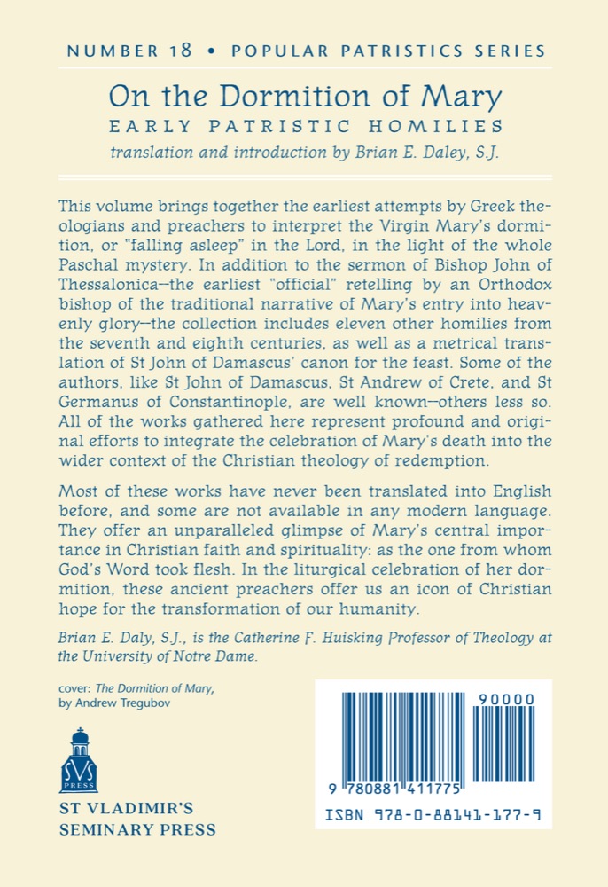 On the Dormition of Mary: Early Patristic Homilies — Back cover