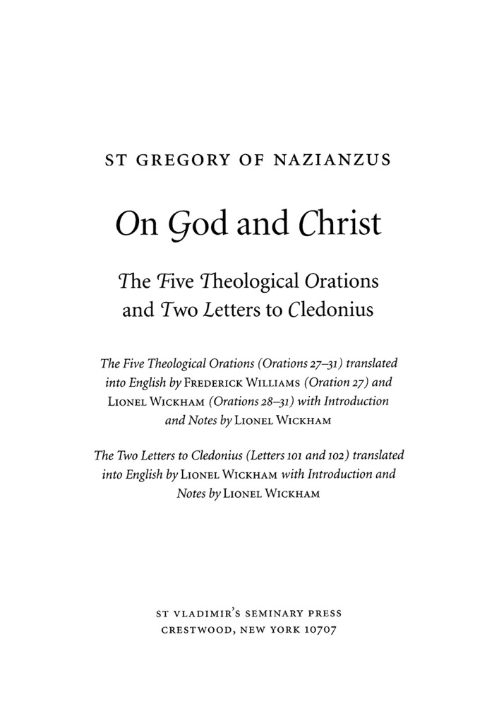 On God and Christ: The Five Theological Orations and Two Letters to Cledonius — Title / publishing page