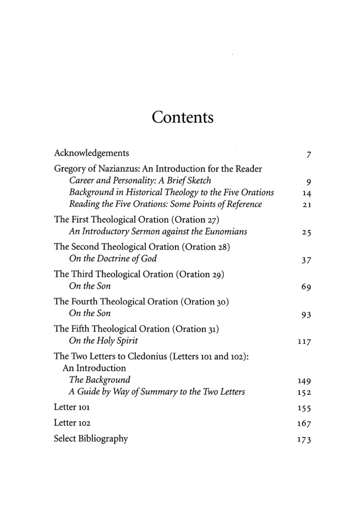 On God and Christ: The Five Theological Orations and Two Letters to Cledonius — Table of contents