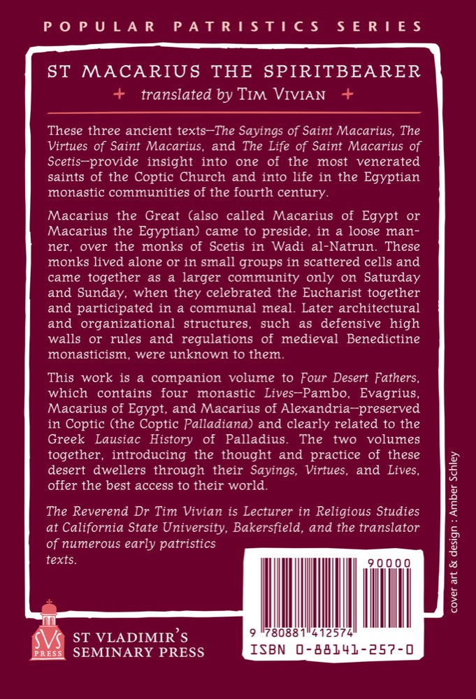 Saint Macarius the Spiritbearer: Coptic Texts Relating to Saint Macarius the Great — Back cover