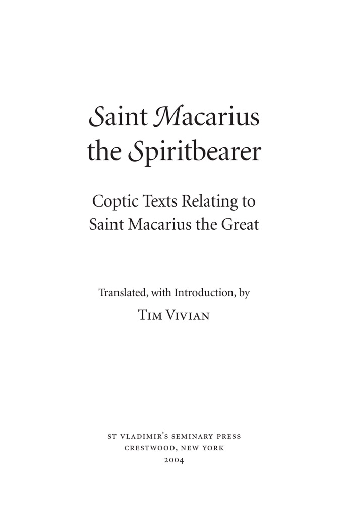 Saint Macarius the Spiritbearer: Coptic Texts Relating to Saint Macarius the Great — Title page