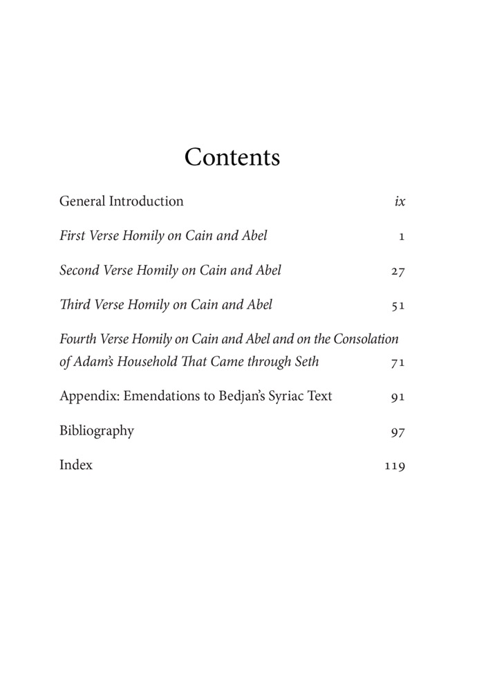Verse Homilies on Cain and Abel — Table of contents
