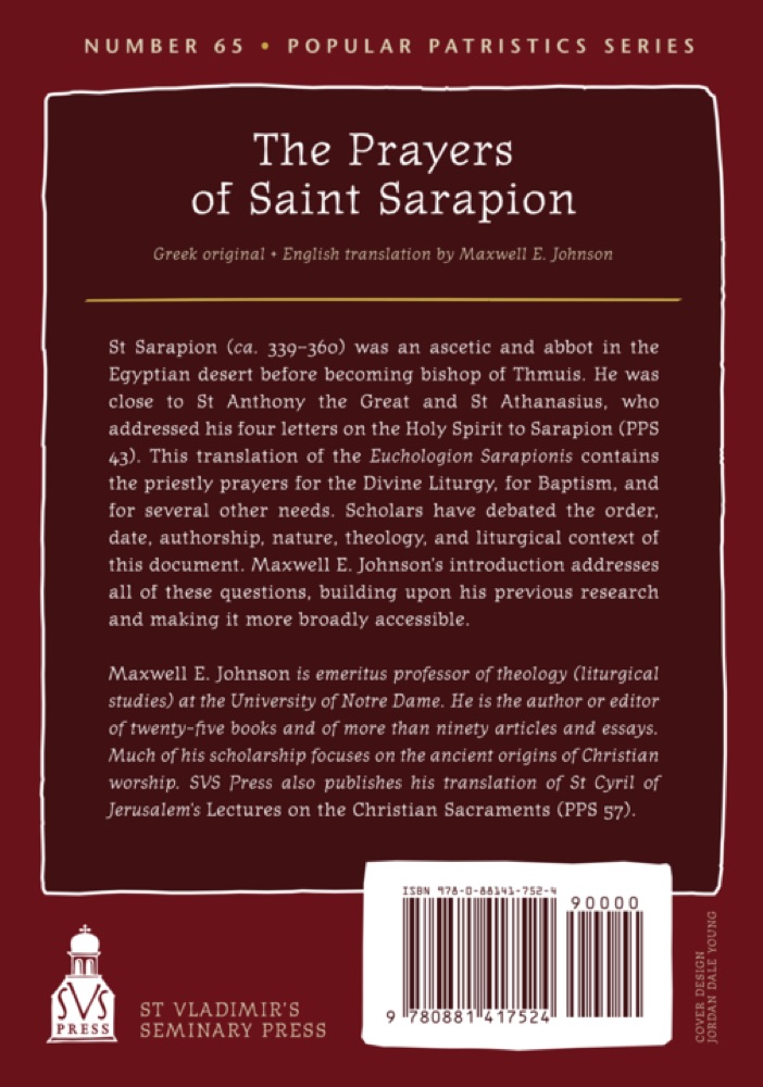 The Prayers of Saint Sarapion — Back cover
