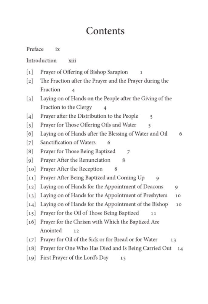 The Prayers of Saint Sarapion — Table of contents