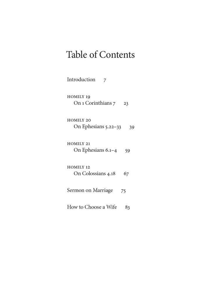 On Marriage and Family Life — Table of contents